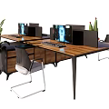 Modern Office Desk Setup With Computer Monitors Potted Plants And Office Chairs