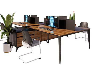 Modern Office Desk Setup With Computer Monitors Potted Plants And Office Chairs 3d model