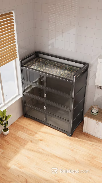 Modern Black Kitchen Cabinet With Transparent Glass Doors Wooden Floor Window Blinds And Green Plant 3d model 
