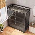 Modern Black Kitchen Cabinet With Transparent Glass Doors Wooden Floor Window Blinds And Green Plant