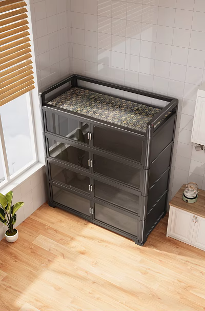 Modern Black Kitchen Cabinet With Transparent Glass Doors Wooden Floor Window Blinds And Green Plant 3d model