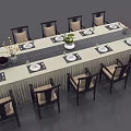 Elegant Dining Table Set With Long Table Multiple Chairs Beige Cushions Dark Frames Tableware Vases