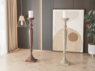 Two Elegant Candle Lamps In Modern Interior With Wooden Wall And Artwork 3d model