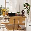 Cozy Indoor Wooden Desk And Chair Set With Laptop Vase Green Plants And Garden View