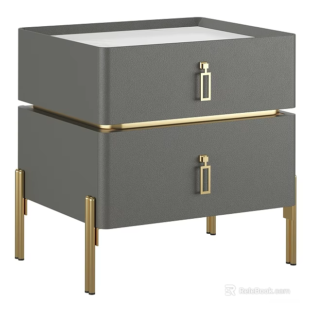 Modern Gray Nightstand With Two Drawers And Gold Handles And Legs 3d model 
