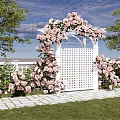 White Arch Entry Gate Decorated With Pink Roses Green Trees And Stone Pathway