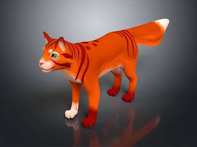 Orange Striped Cat With Green Eyes White Paws White Tail Tip On Black Reflective Background 3d model