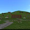 Scenic Wooden Houses on Green Mountain Slope with Stone Path and Tents