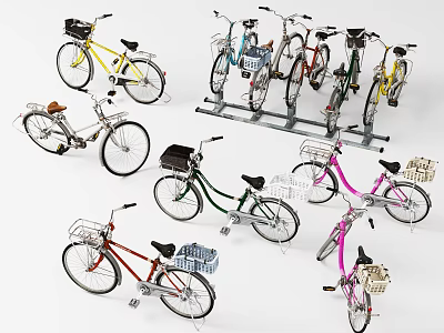 Colorful Bicycles In Various Styles With Front Baskets And Parking Rack 3d model