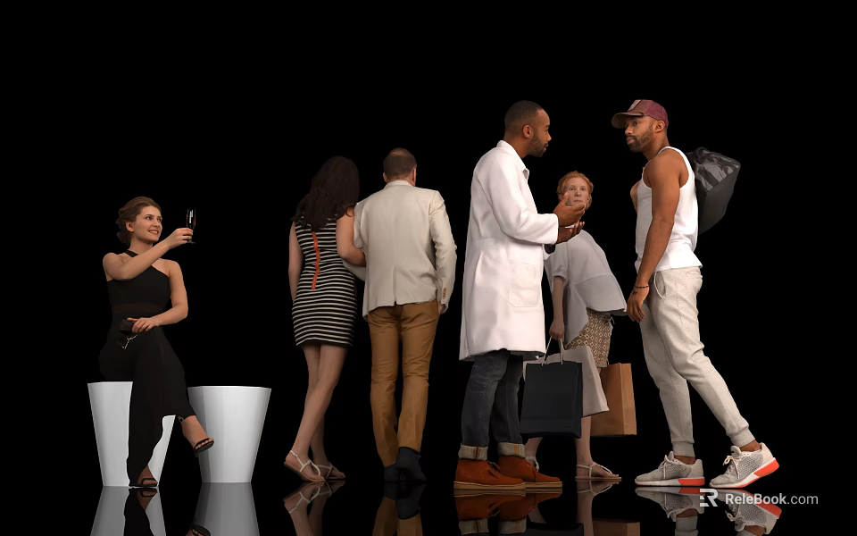 Group of People Interacting Taking Selfie Standing with Bags on Black Background 3d model 