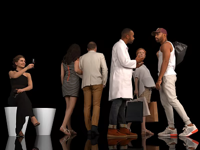 Group of People Interacting Taking Selfie Standing with Bags on Black Background 3d model