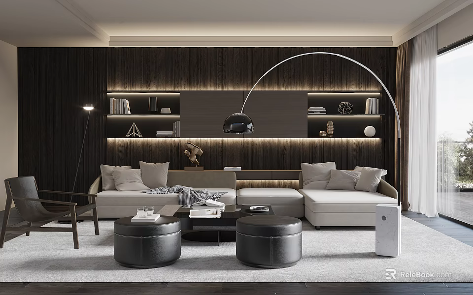 Modern Living Room Design With Wooden Wall Beige Sofa Arc Floor Lamp Black Ottomans 3d model 