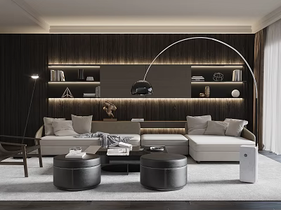 Modern Living Room Design With Wooden Wall Beige Sofa Arc Floor Lamp Black Ottomans 3d model