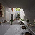 Courtyard Garden Landscape With Arched Doorway Lush Greenery Indoor Outdoor Stone Floor White Cabinets