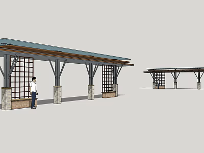 Architectural Outdoor Pavilion Design With Columns Lattice Panels And Sloped Roof Structure 3d model