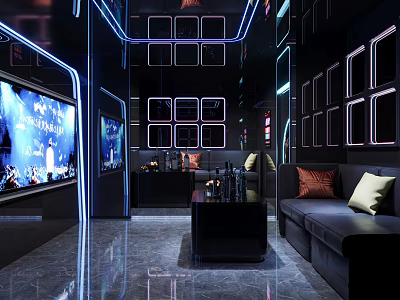 Modern KTV Lounge Interior With Large Screen Neon Lights And Black Sofa 3d model