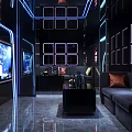 Modern KTV Lounge Interior With Large Screen Neon Lights And Black Sofa