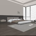 Modern Bedroom Double Bed with Dark Headboard Nightstands Floor Lighting and Window Blinds