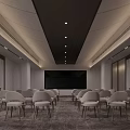 Stylish Modern Spacious Conference Room With Comfortable Chairs Elegant Ceiling Lights And Large Display Screen