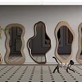 Various Shaped Wooden Mirrors Wall Mounted in Modern Interior With Patterned Floor and Decorative Cat