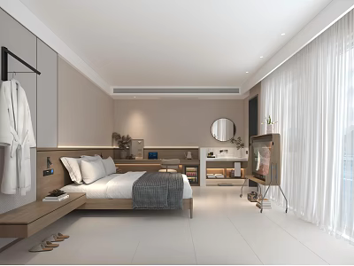 Modern Hotel Room Interior With Comfortable Bed Large Mirror And Natural Light Windows 3d model