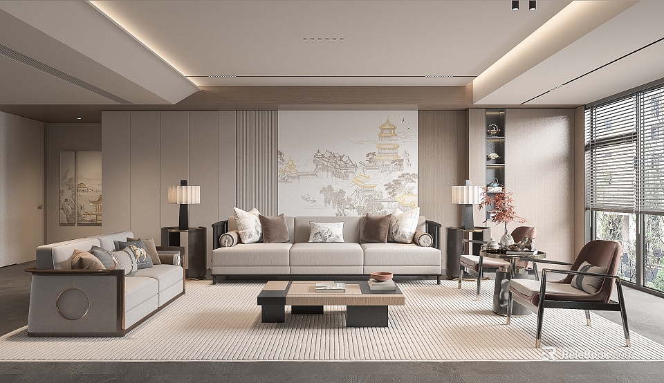 Modern Chinese Living Room Interior With Sofa Set Coffee Table And Traditional Landscape Wall Art 3d model 