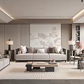 Modern Chinese Living Room Interior With Sofa Set Coffee Table And Traditional Landscape Wall Art