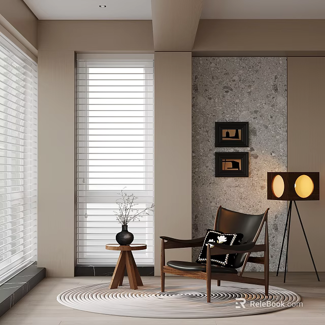 Modern Interior With Window Blinds Armchair Floor Lamp And Framed Wall Art 3d model 