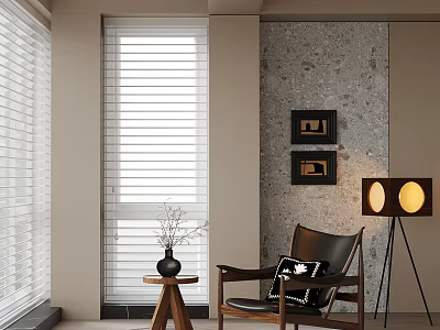 Modern Interior With Window Blinds Armchair Floor Lamp And Framed Wall Art 3d model