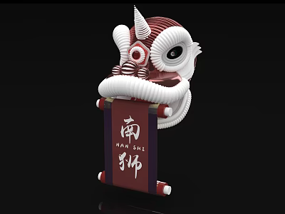 Decorative Southern Lion Sculpture With Red And White Scroll Displaying Nan Shi Characters 3d model