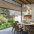 Outdoor Restaurant Patio With Wooden Tables Benches Greenery Trees Clay Pots White Building Lantern Lights
