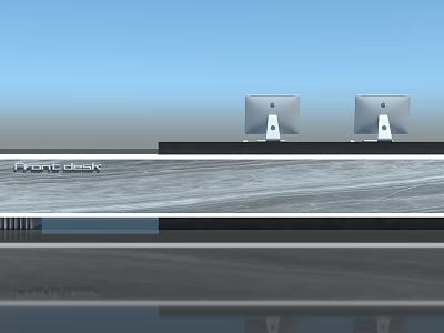 Modern Reception Desk With Two iMac Computers Marble Countertop And Pacific Century Logo 3d model