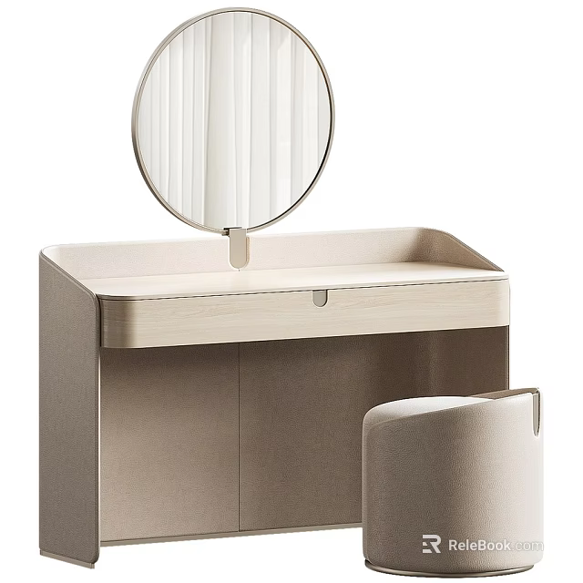 Modern Light Beige Dressing Table With Round Mirror And Matching Stool 3d model