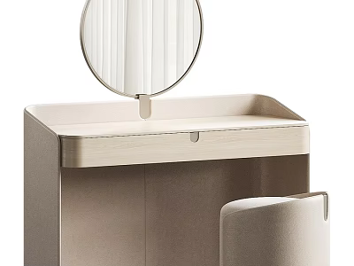 Modern Light Beige Dressing Table With Round Mirror And Matching Stool 3d model