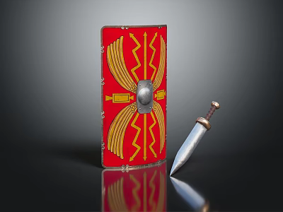 Red Shield With Golden Wing Patterns And Silver Dagger With Wooden Handle On Dark Surface 3d model