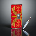 Red Shield With Golden Wing Patterns And Silver Dagger With Wooden Handle On Dark Surface 3d model