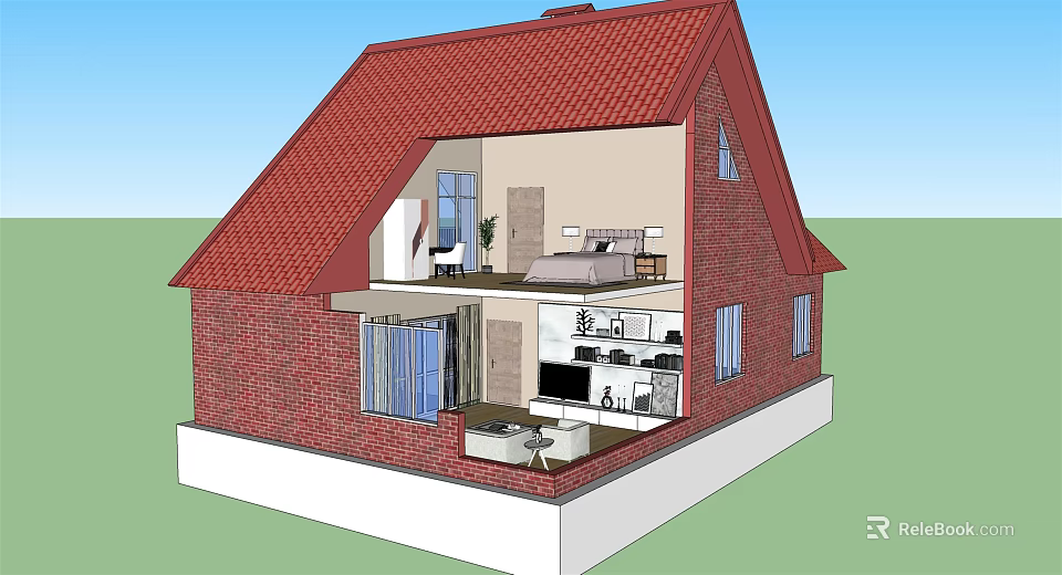 Two Story Detached Villa With Red Brick Exterior Red Tiled Roof Bedroom Living Room Terrace 3d model 