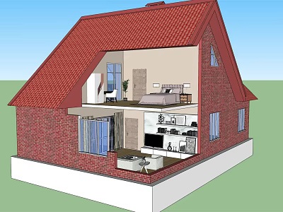 Two Story Detached Villa With Red Brick Exterior Red Tiled Roof Bedroom Living Room Terrace 3d model
