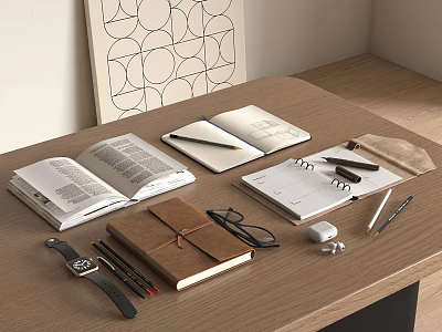 Neat Notebook Setup on Wooden Desk with Open Pages Pens Eyeglasses Watch and Earbuds 3d model