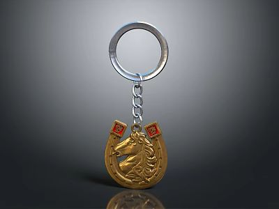 Stylish Horseshoe Shaped Keychain with Golden Horse Head Design Red Accents Silver Ring and Chain 3d model