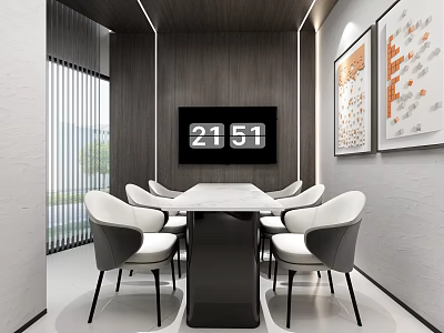 Modern Casual Lounge With White Chairs Black Table Clock Decorative Artworks And Wooden Walls 3d model