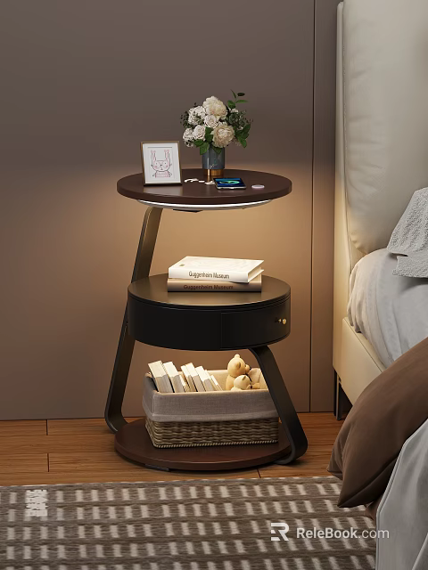 Modern Two Tier Nightstand With Photo Frame Vase Drawer Basket With Books And Stuffed Toy 3d model 