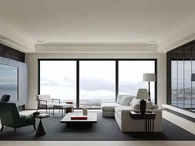 Modern Living Room Interior Design With Large Windows Sea View White Sofa And Green Armchair 3d model
