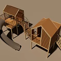 Outdoor Wooden Elevated Playground Equipment With Two Playhouses Slide Stairs Railings