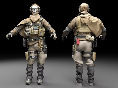 Man In Military Style Tactical Gear With Cloak Vest Knee Pads And Boots 3d model