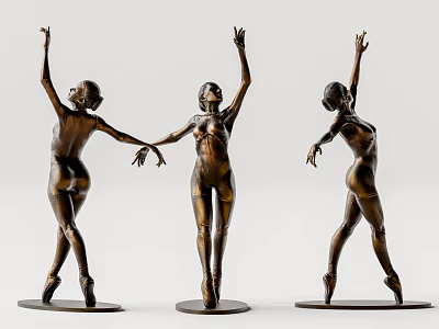 Three Bronze Ballerina Sculptures with Dancing Pose Artistic Design 3d model