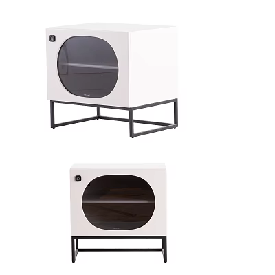 White Pet House With Round Transparent Door And Black Metal Stand Design 3d model