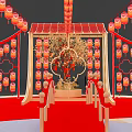 Red Chinese Art Installation With Pavilion Lanterns Happy New Year Decorations Circular Platform And Steps