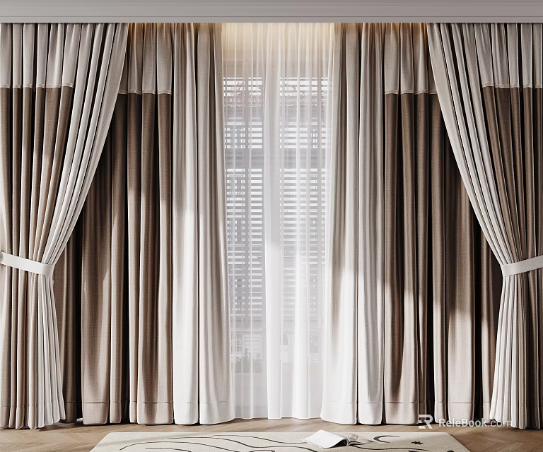 Elegant Beige Brown Curtains With Sheer Lining And Tiebacks For Modern Home 3d model 