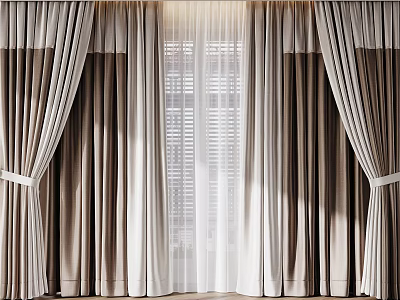 Elegant Beige Brown Curtains With Sheer Lining And Tiebacks For Modern Home 3d model